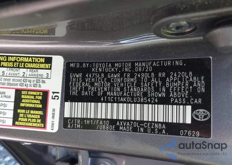 2020 Toyota Camry Le z USA, uszkodzony, nr VIN 4T1C11AK0LU385424